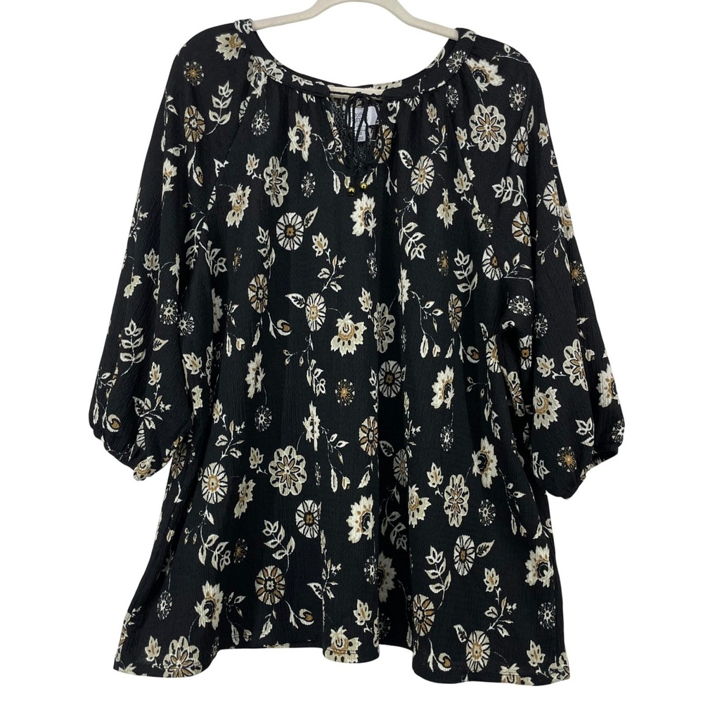 Croft & Barrow Plus Size 2X Blouse Black Floral Peasant Boho Top Tassel Womens